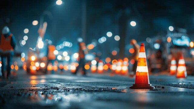 Road workers working on urban highway with traffic cones around  