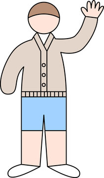 Man in Buttoned Cardigan and Shorts Waving Hand, Flat Vector Character Illustration in Various Colors