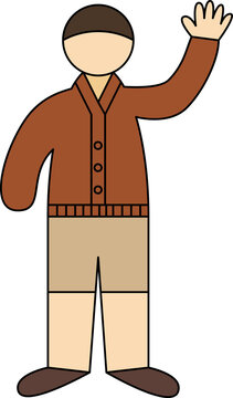 Man in Buttoned Cardigan and Shorts Waving Hand, Flat Vector Character Illustration in Various Colors