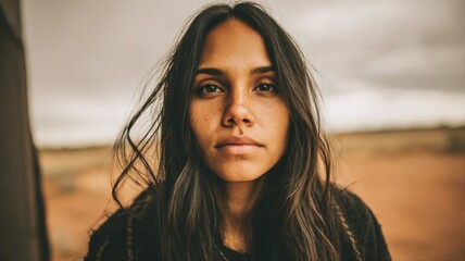 Fototapeta premium Portrait of a young, determined woman with captivating eyes set against a blurred background