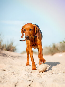 redbone coonhound digging sand