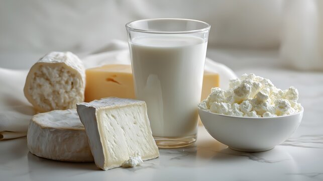 A delightful assortment of fresh dairy products including cheese, milk, and cottage cheese, perfect for a nutritious meal.