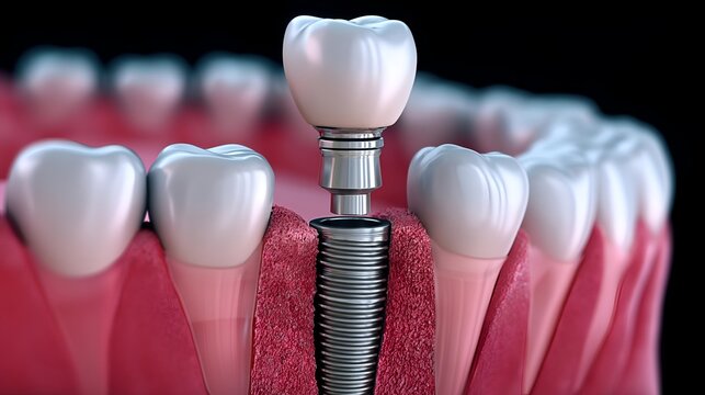 A detailed view of a dental implant showcasing the artificial tooth in a realistic gum environment, highlighting dental technology.