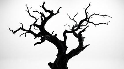 Gnarled dead tree silhouette with bare branches on white background