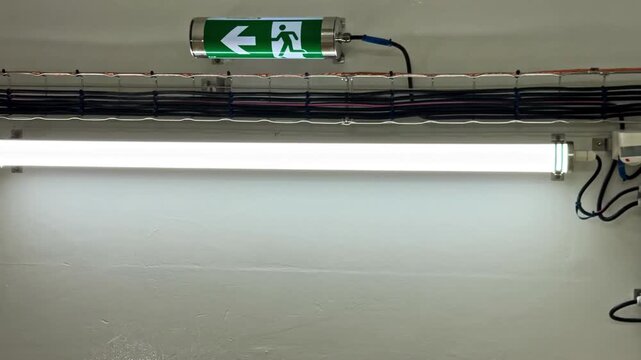 Exit emergency sign at industrial pipe corner connection detail inside processing facility