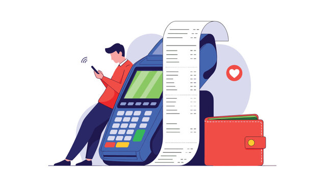 Young man using smartphone while waiting for transaction completion at large payment terminal with receipt and wallet.