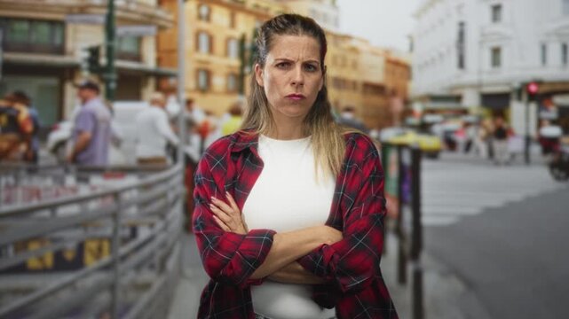 Woman with folded arms and visible forearms standing on a busy urban street in front of buildings and a crosswalk, wearing red plaid shirt; frustration defiance.