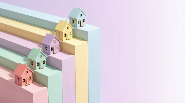 Five pastel wooden houses on ascending color gradient steps with lavender text backdrop. Property ladder, housing market, and editorial real estate growth overlay concept.