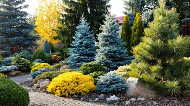 Vibrant garden scene featuring various evergreen trees and lush foliage