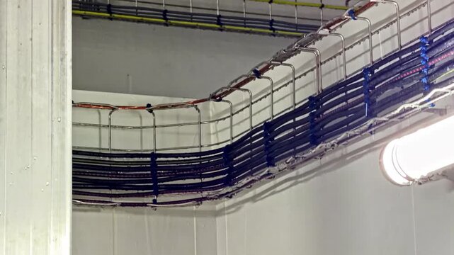 Condensation water droplets dripping down concrete wall below curved stainless steel cable tray with multicolored bundled cables in damp industrial facility