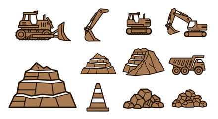 Construction Equipment and Sand Piles Illustration. © yahya