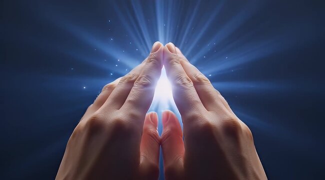 hands pointing upwards creating a burst of light against a blue background