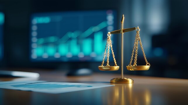 A golden scale of justice positioned on a desk, with a financial graph displayed on a screen, representing law and finance.