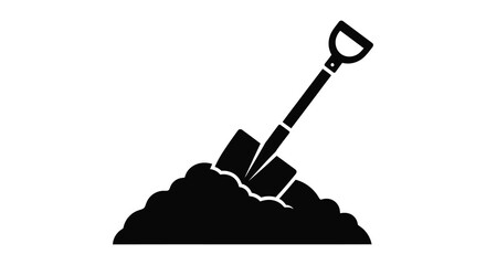 A black silhouette of a shovel digging into a mound of earth and stones silhouette © MIRAJ02