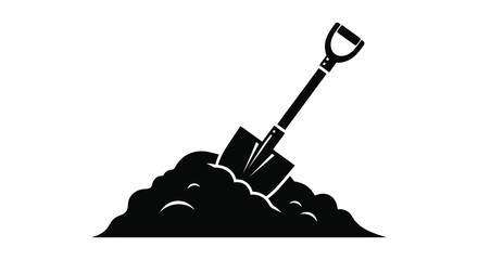 A black silhouette of a shovel stuck in a pile of dirt representing gardening or digging silhouette © MIRAJ02