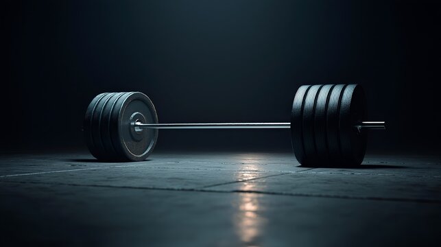 A heavy barbell placed on a dark gym floor, symbolizing strength training and fitness routines for athletes and gym enthusiasts.