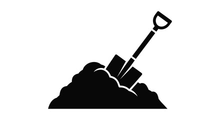 A black silhouette depicts a shovel stuck in a mound of earth and bricks silhouette © MIRAJ02