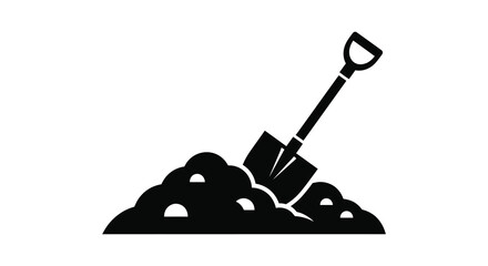 A black silhouette of a garden shovel stuck in a pile of earth representing digging silhouette © MIRAJ02