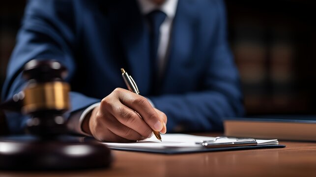 A lawyer's hand writing on paper with a gavel in the foreground, symbolizing justice and legal proceedings.