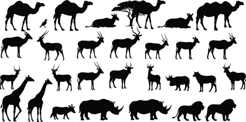 Black silhouette African safari animals vector illustration, camel giraffe rhino lion antelope design, wildlife collection artwork, exotic nature elements, decorative animal graphics © Minara Art