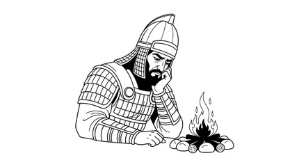 Obraz premium Medieval warrior contemplating by campfire, historical illustration