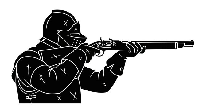 Medieval Knight with Musket Aiming Rifle Silhouette Black and White