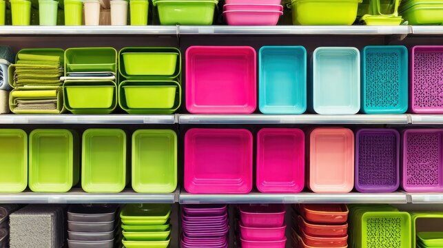 Colorful plastic containers displayed on shelves for storage and organization