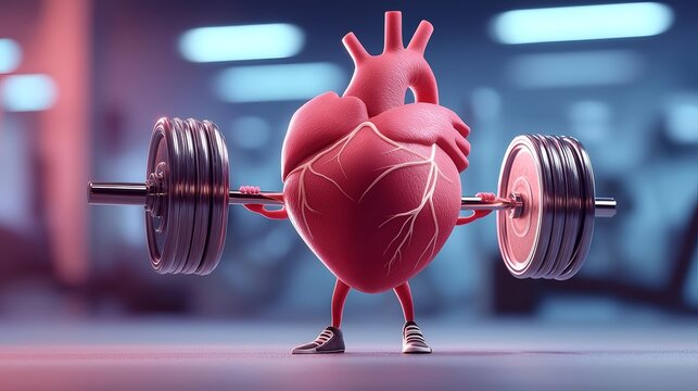 A muscular heart lifting weights symbolizes the importance of fitness and heart health in a vibrant, gym-inspired setting.