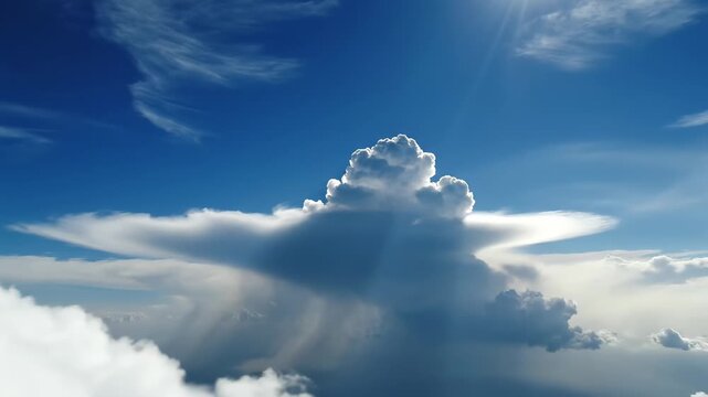 Majestic clouds unfolding in blue sky timelapse with sunrays streaming through