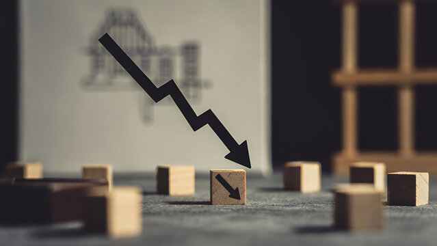 A bold black downward arrow sharply points towards a wooden block amidst others.