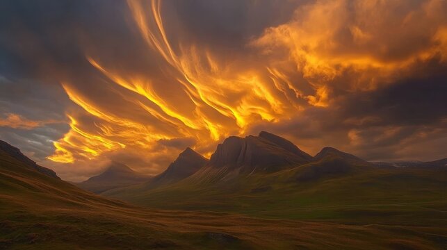Dramatic swirling golden and orange sunset clouds illuminating rugged mountain peaks over rolling green alpine foothills video footage