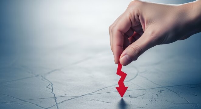Downward Trend: Hand Placing Red Arrow Pointing Downwards, Indicating Economic Decline and Negative Business Performance