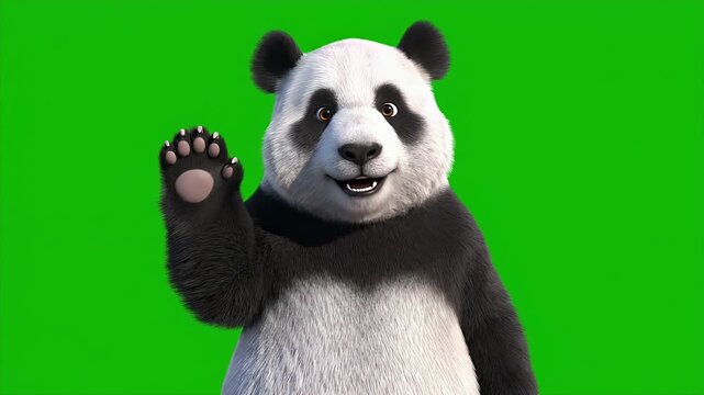 Animated Panda Bear Waving on Green Screen - A friendly animated panda bear smiles and waves its paw at the viewer. The background is a solid bright green, suitable for green screen compositing.