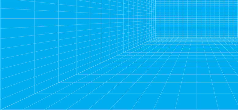 3d wireframe grid room. 3d perspective laser grid 16 9.. Cyberspace blue background with white mesh. Futuristic digital hallway space in virtual reality. Vector illustration.