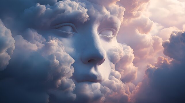 A serene depiction of a cloud-covered face, embodying tranquility and introspection amid a vibrant sky.