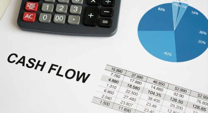 Cash flow analysis: financial planning with a pie chart, calculator and financial data
