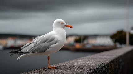Fototapeta premium A serene seagull perched on a stone wall against a moody, overcast sky, reflecting nature's beauty and tranquility.