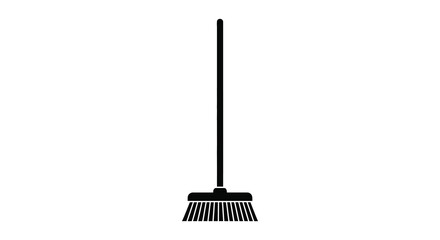 A simple black silhouette of a traditional push broom standing upright on a white background silhouette © MIRAJ02