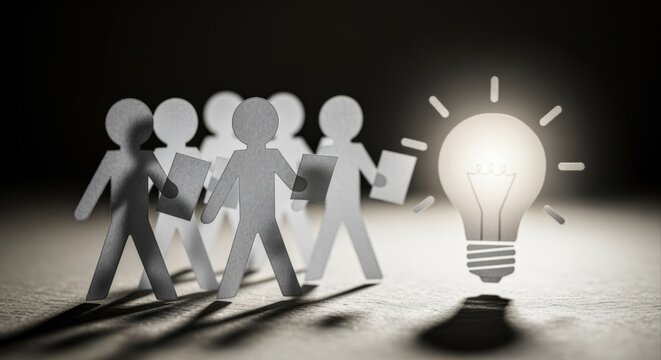 Paper Cutout Team with Glowing Light Bulb Symbolizing Innovation, Creativity, and Collaborative Idea Generation