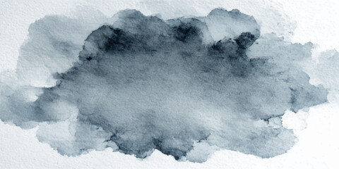 An abstract watercolor landscape depicting ethereal clouds drifting over a tranquil ocean and snow-capped mountains under a stormy sky of swirling fog and white waves © ZT Stock Studio