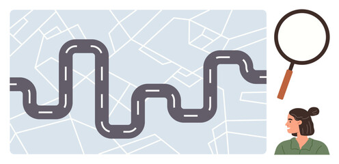 Navigation, travel planning, exploration, GPS search, route analysis, location tracking. A winding road over a map, a magnifying glass and a woman s profile. Navigation and travel planning concept © robu_s