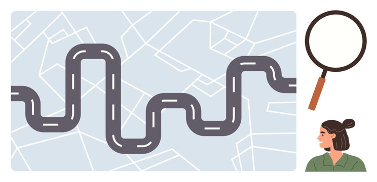 Navigation, travel planning, exploration, GPS search, route analysis, location tracking. A winding road over a map, a magnifying glass and a woman s profile. Navigation and travel planning concept