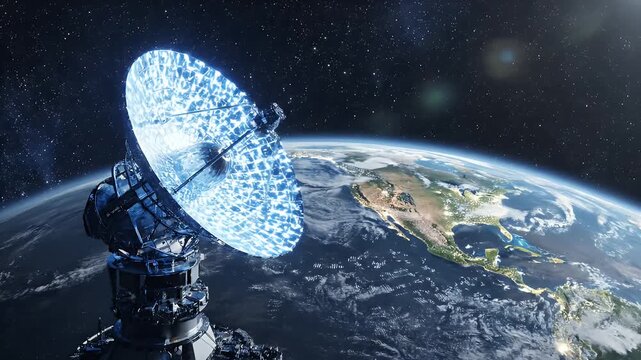 Satellite Dish Communicating with Earth - A satellite dish is pictured transmitting a stream of energy towards Earth, set against a backdrop of stars.