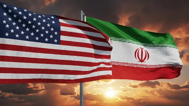 Iran vs USA Flag Confrontation at Dramatic Sunset