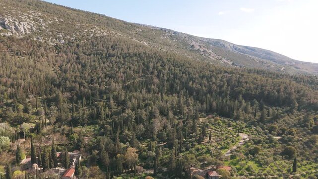 Tranquil aerial view of Ymittos Mountain, Greece with lush forest scenery