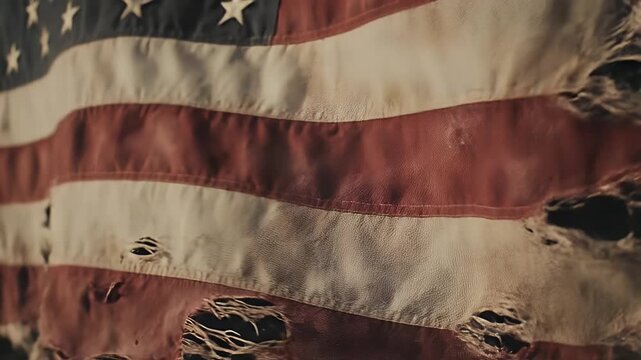Distressed American Flag Texture - This video shows a close-up of a heavily distressed American flag with noticeable tears, holes, and a grungy texture.