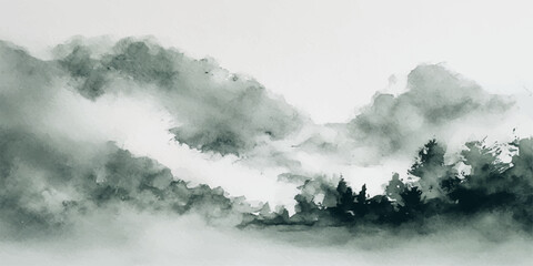 Obraz premium A majestic snow-capped mountain peak rises above a dense forest through a thick blanket of misty fog under a bright summer sky