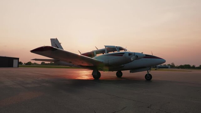 Classic twin engine aircraft resting on an airfield runway during golden hour.