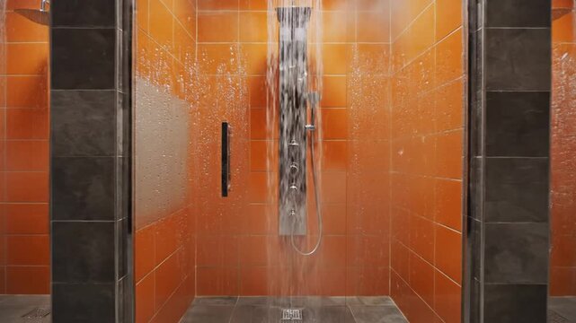 Luxurious Modern Shower Area with Orange Tiles.
