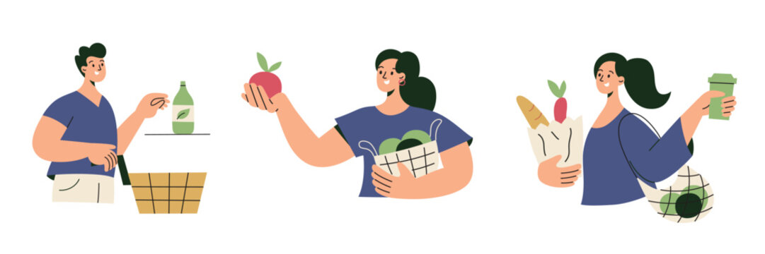 Shopping scenes with flat cartoon characters, woman choosing apples at farmers market, man taking goods in supermarket, grocery paper bag. Eco products and mindful consumption vector illustration